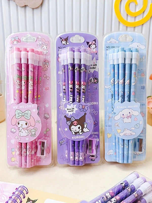 12pcs/1set Sanrio Cute Cartoon Wooden Pencil With Eraser Tip Round Barrel