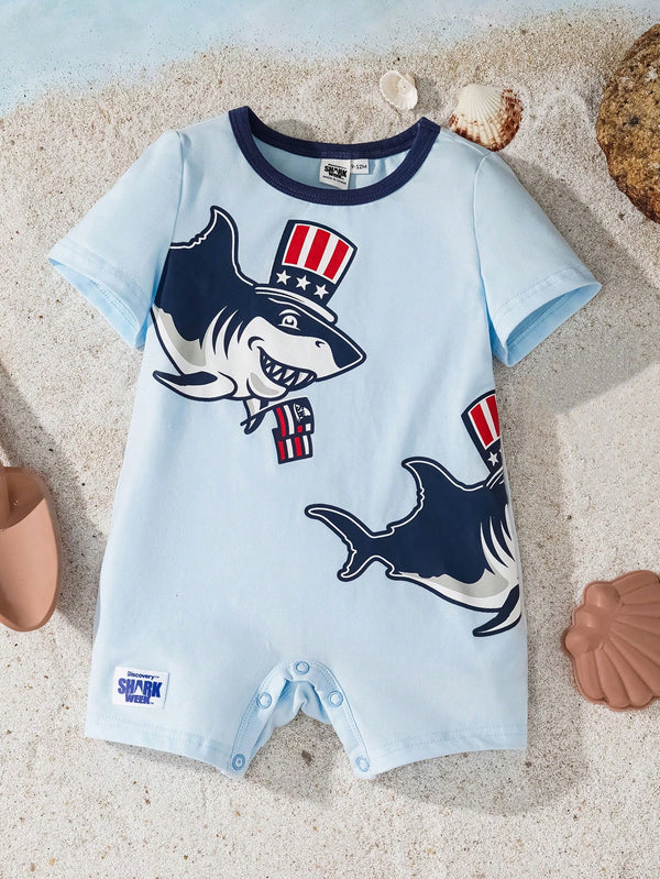 Baby Boy Cartoon Shark Print Light Blue Cute Short Sleeve Romper