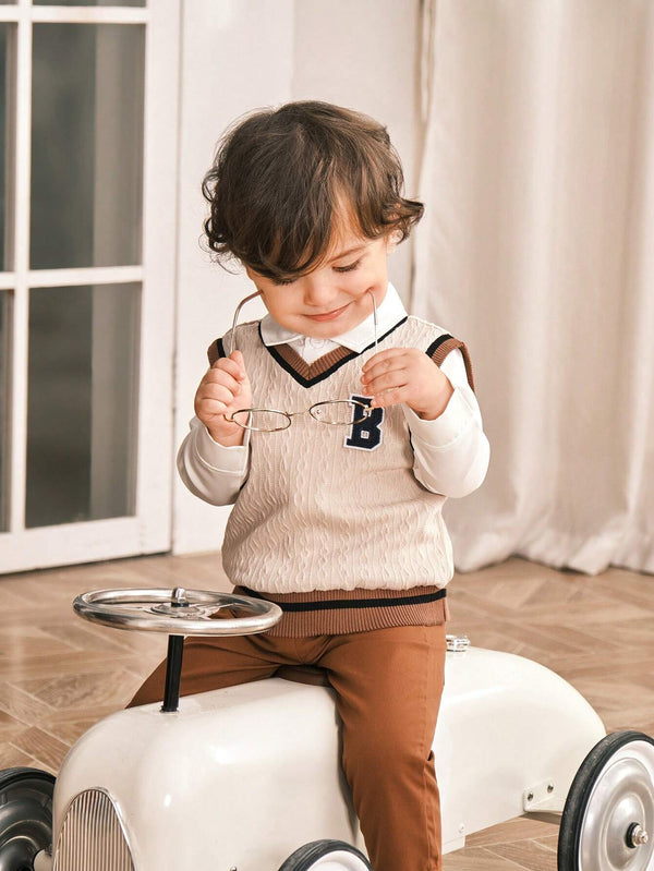 Baby Boy Adorable Collegiate Style Letter Embroidered Knit Vest, Paired With Long Sleeve Shirt And Brown Suit Pants
