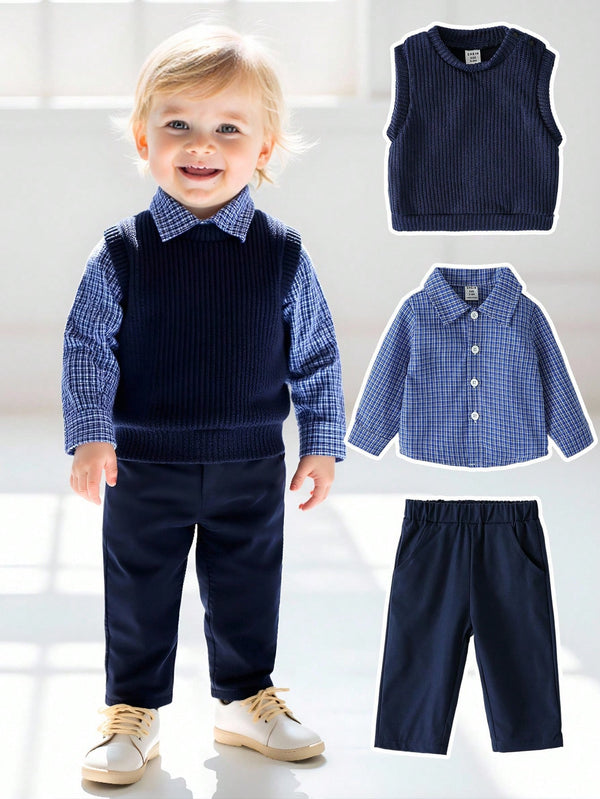 Baby Boy College Style Long Sleeve Shirt, Contrast Color Pants And Embroidered Pony Knitted Vest