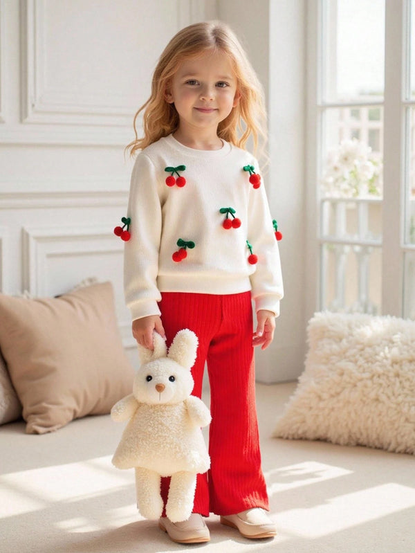 Young Girls 2pcs/Set White Long Sleeve Knit Pullover & Red Cherry Print Knit Pants