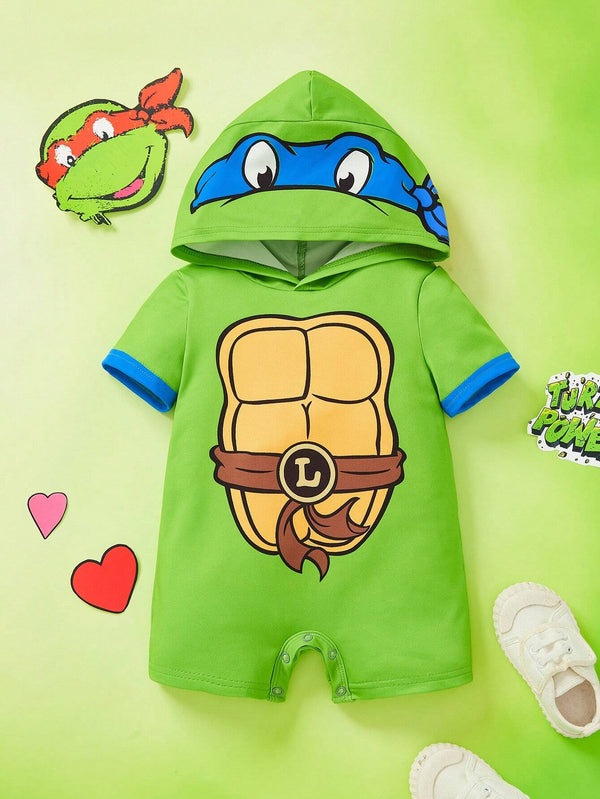 Baby Boy Casual Cartoon Turtle Design Printed Hooded Romper
