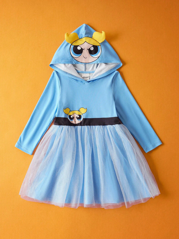 Cute Blue Little Girl Bubble Character Print 3D Ears Hooded Dress