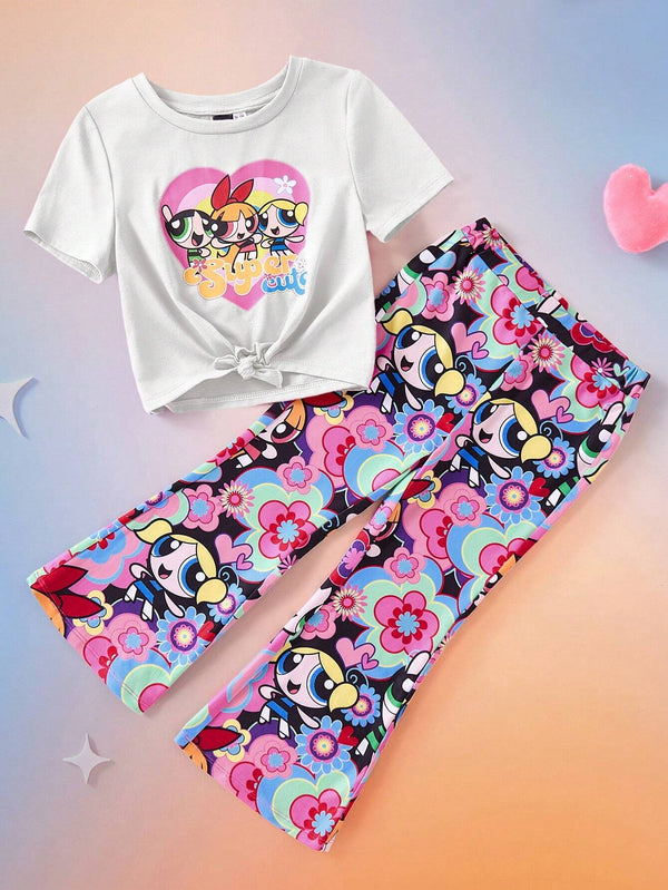 Young Girl Casual Cartoon Print Knotted Hem Short Sleeve T-Shirt And Flare Leg Pants