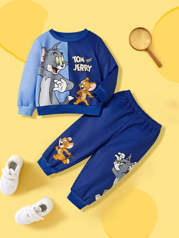 Baby Boy Cartoon Animal Cat & Mouse Print Patchwork Sweatshirt And Sweatpants