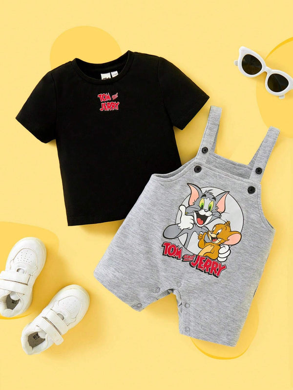 2pcs Baby Boy Cartoon Print Black Casual T-Shirt & Gray Cute Suspender Romper