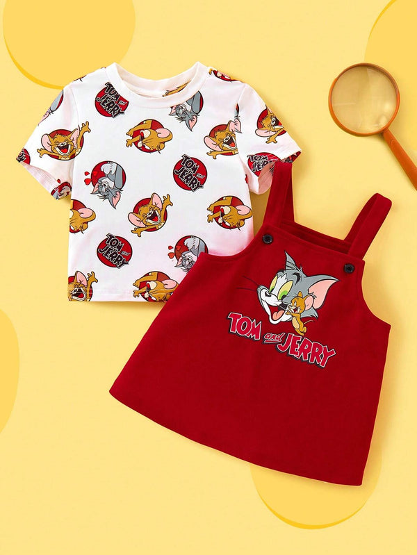 Baby Girl Dot Print Cartoon T-Shirt And Red Suspender Pinafore Dress