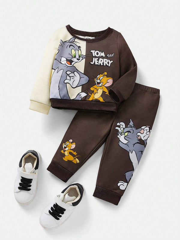 Baby Boy 2pcs/Set Cartoon Cat & Mouse Print Contrast Color Sweatshirt And Pants