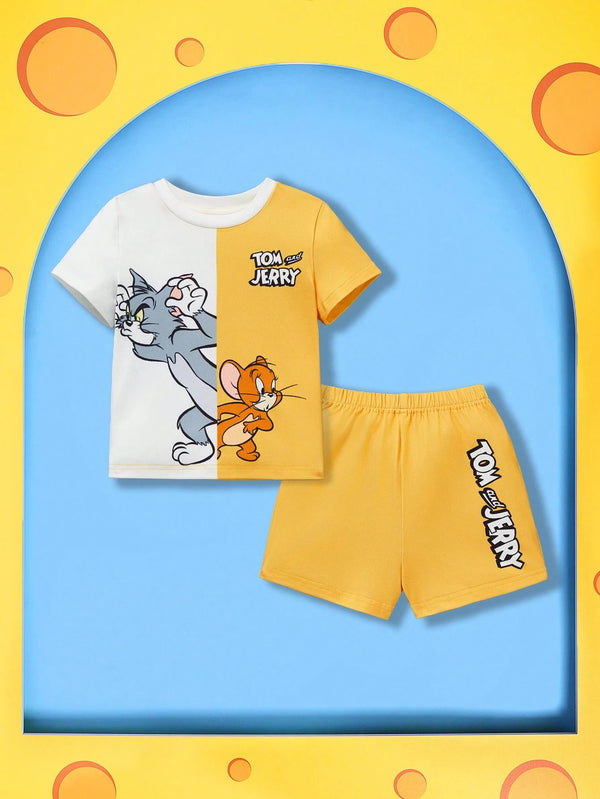 Baby Boy Cartoon Cat Print Color Block Short Sleeve Top And Yellow Shorts