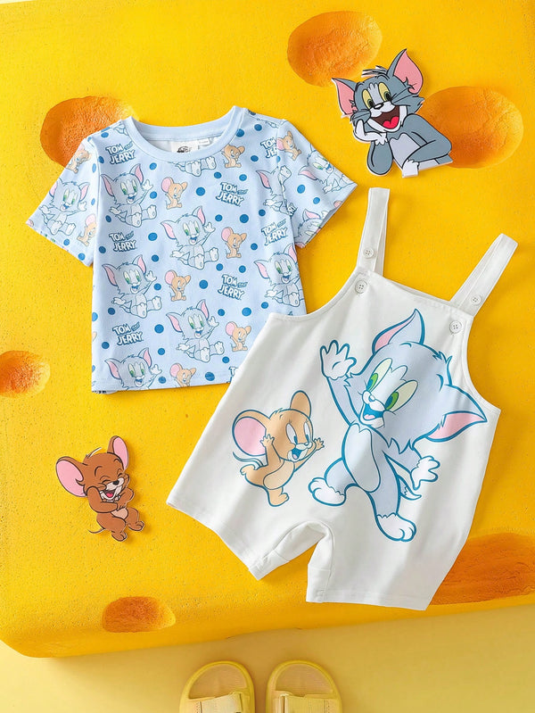 Baby Boy Cartoon Pattern Blue Cute & Funny Short Sleeve T-Shirt And Cute Bib Overalls