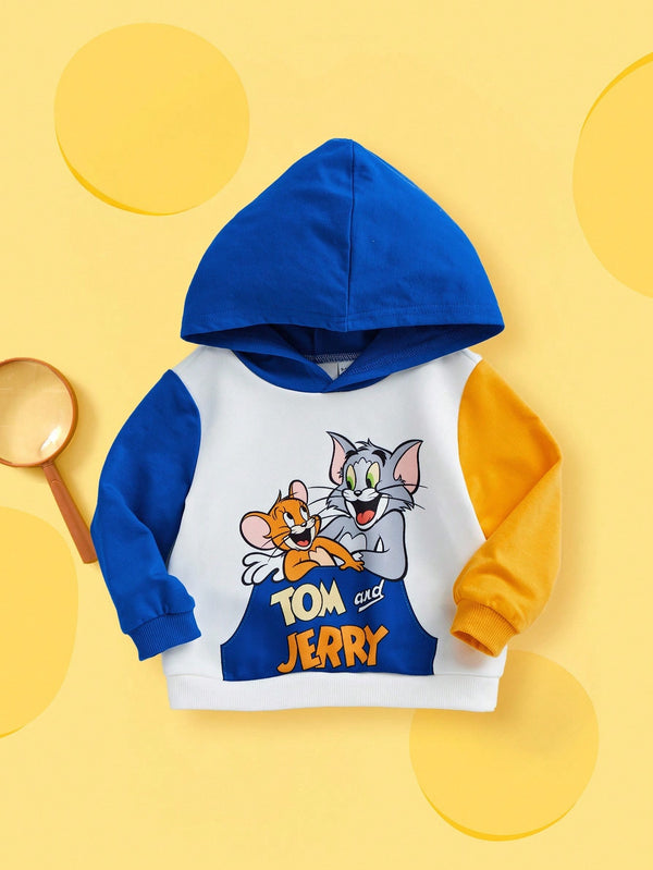 Baby Boy Cartoon Pattern Pocket Print Colorblock Hooded Sweatshirt