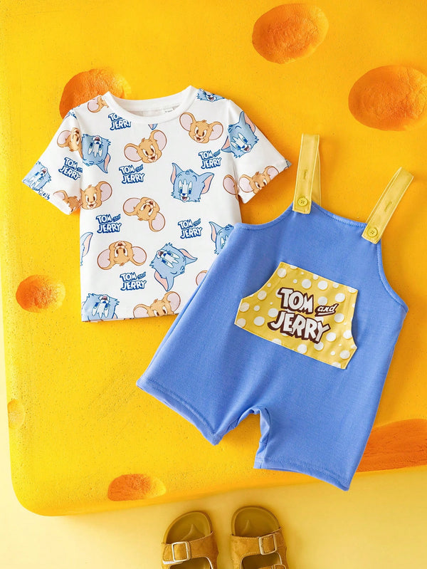 Baby Boy Cartoon Print White Casual Short Sleeve T-Shirt And Blue Cute Bib Shorts