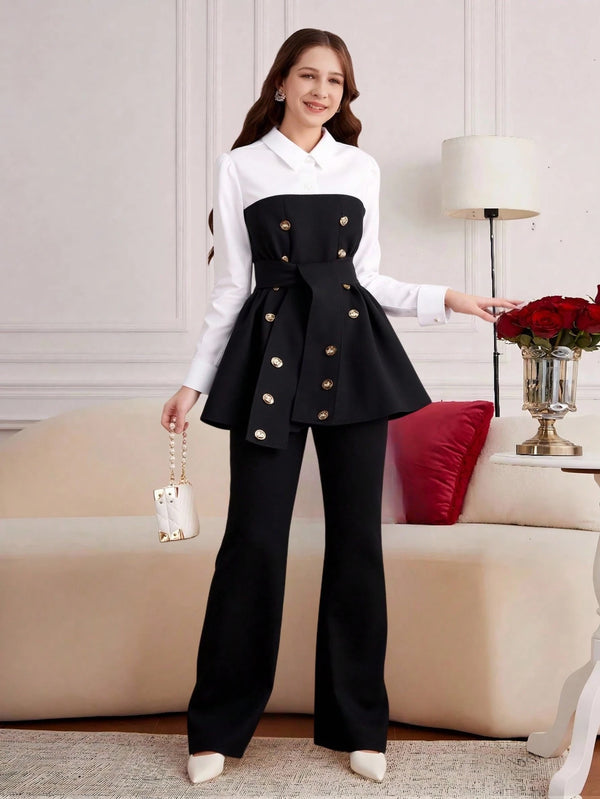 Polo Collar Patchwork Top With Belt And Solid Color Long Pants