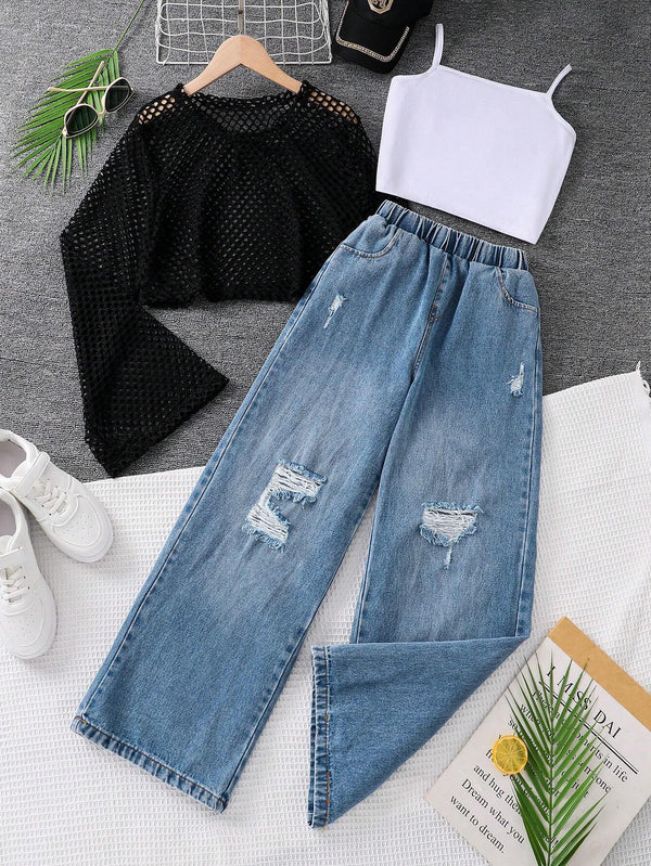 Teen Girls Solid Color Simple Daily Top & Jeans Set