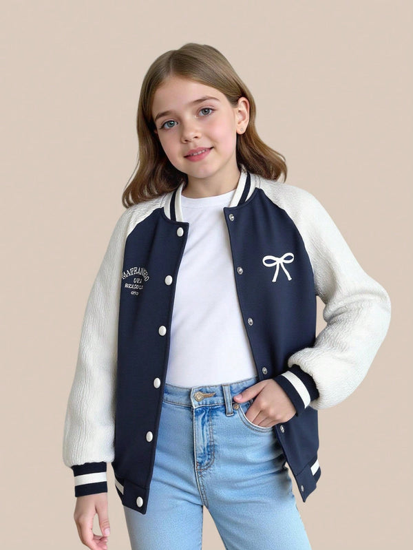 Tween Girl Casual Blue Spliced White Knitted Textured Fabric Baseball Jacket