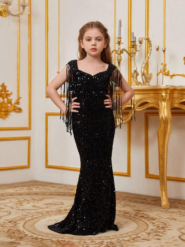 Tween Girl Heart Shaped Neckline Sequin Fringe Mermaid Formal Dress