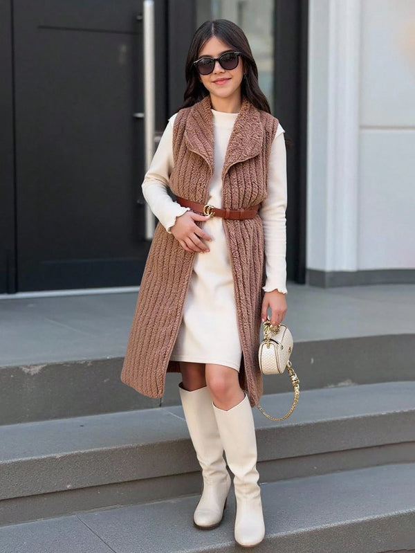 Tween Girl Solid Color Lapel Sleeveless Casual Jacket And Long Sleeve Dress Set