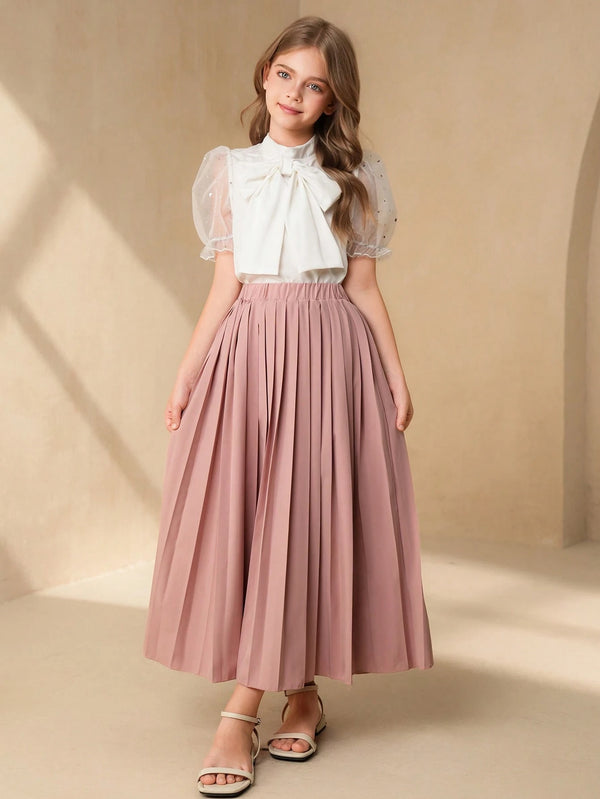 Tween Girls Bow Collar Sequin Mesh Splicing Puff Sleeve Blouse & High Waist Pleated Mini Skirt