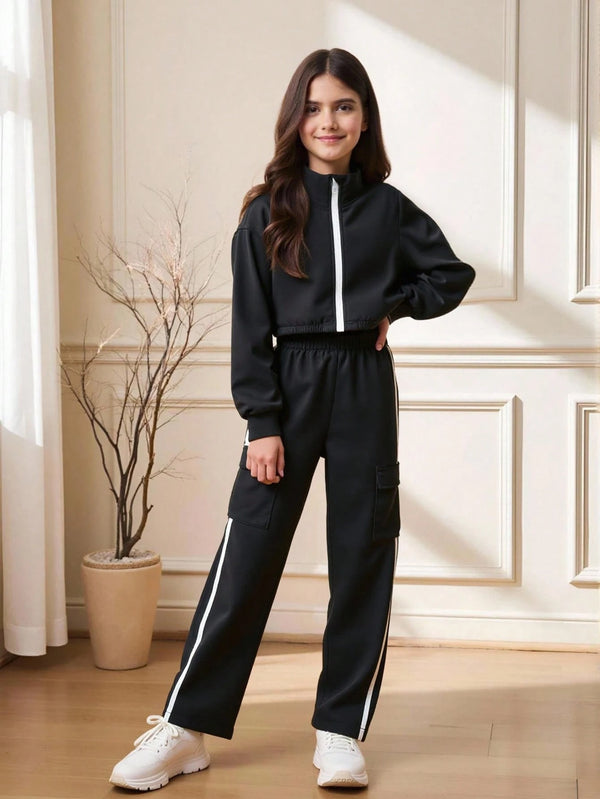 Tween Girls Long Sleeve Crew Neck Zip Sweatshirt With Drawstring Waist Pockets Pants