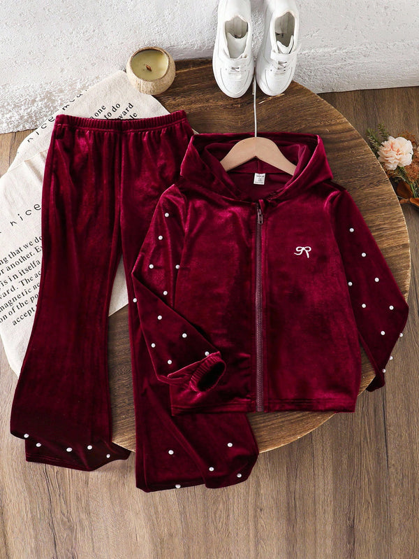 Tween Girls Velvet Zip-Up Hoodie & Pants Set
