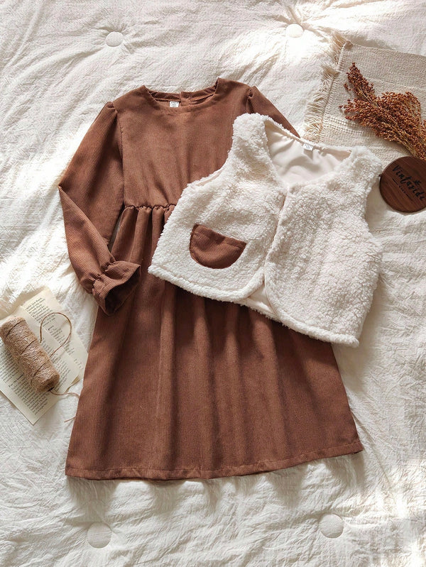 Vintaside Kids Girls Brown Long Sleeve Casual Dress With White Vest Set