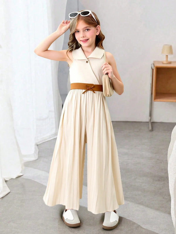 Lady Shirt Collar Contrast Waistband Pleated Wide Leg Jumpsuit