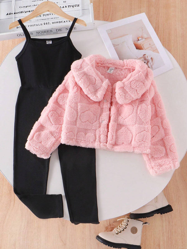 Cute Casual Romper With Pink Blouse Top And Fluffy Warm Cardigan