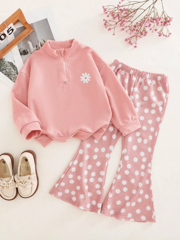 Young Girl Pink Drop Shoulder Daisy Print Half-Zip Hoodie And Daisy Print Flare Pants Set