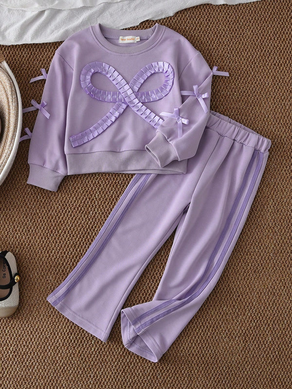 Young Girls 2Pcs Casual Knitted Fabric Long Sleeves Bow Top & Trousers
