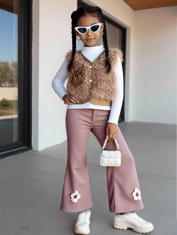 Faux Fur Vest With Bow Decor, White Turtleneck Long Sleeve Top, And Brown Flared Pants With Floral Embellishments