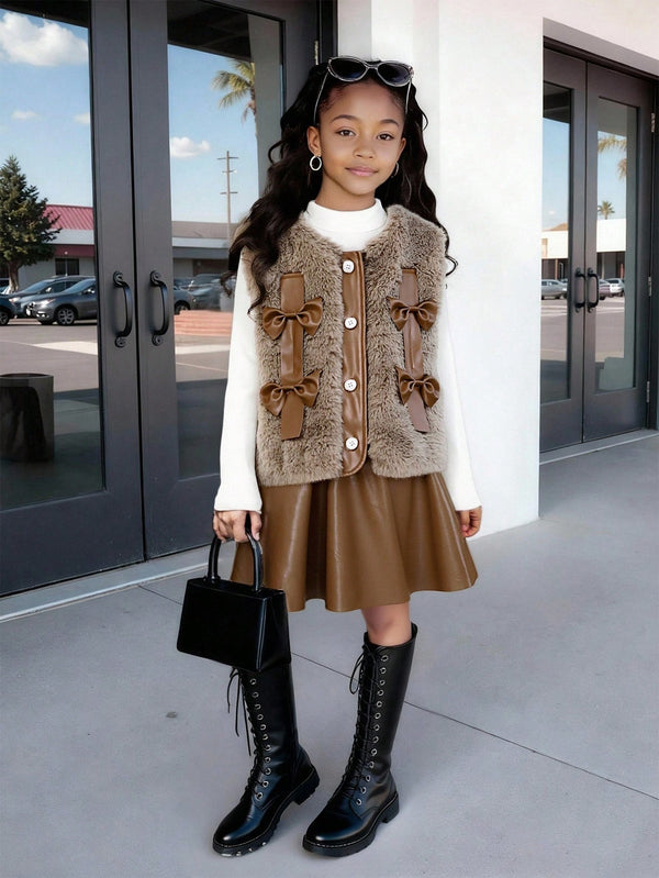 Paired With White Long Sleeve T-Shirt And Khaki A-Line PU Leather Skirt