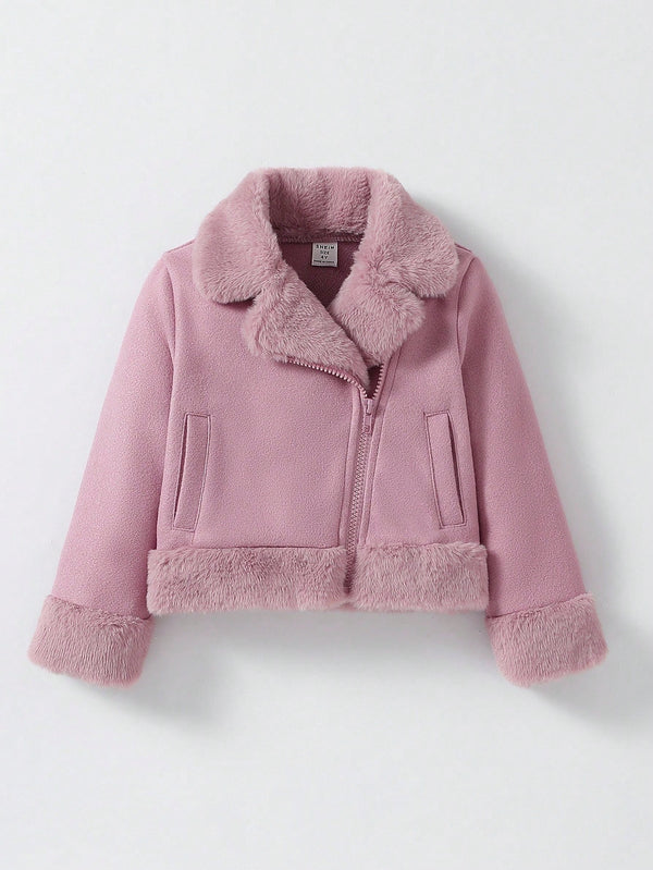 Young Girls' Solid Color Faux Fur Collar Long Sleeve Zip-Up Short Winter Jacket