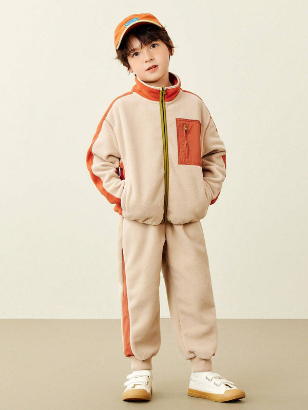 Boys' Fleece Tracksuit Antistatic Outdoor Windproof Sweater And Long Pants Set